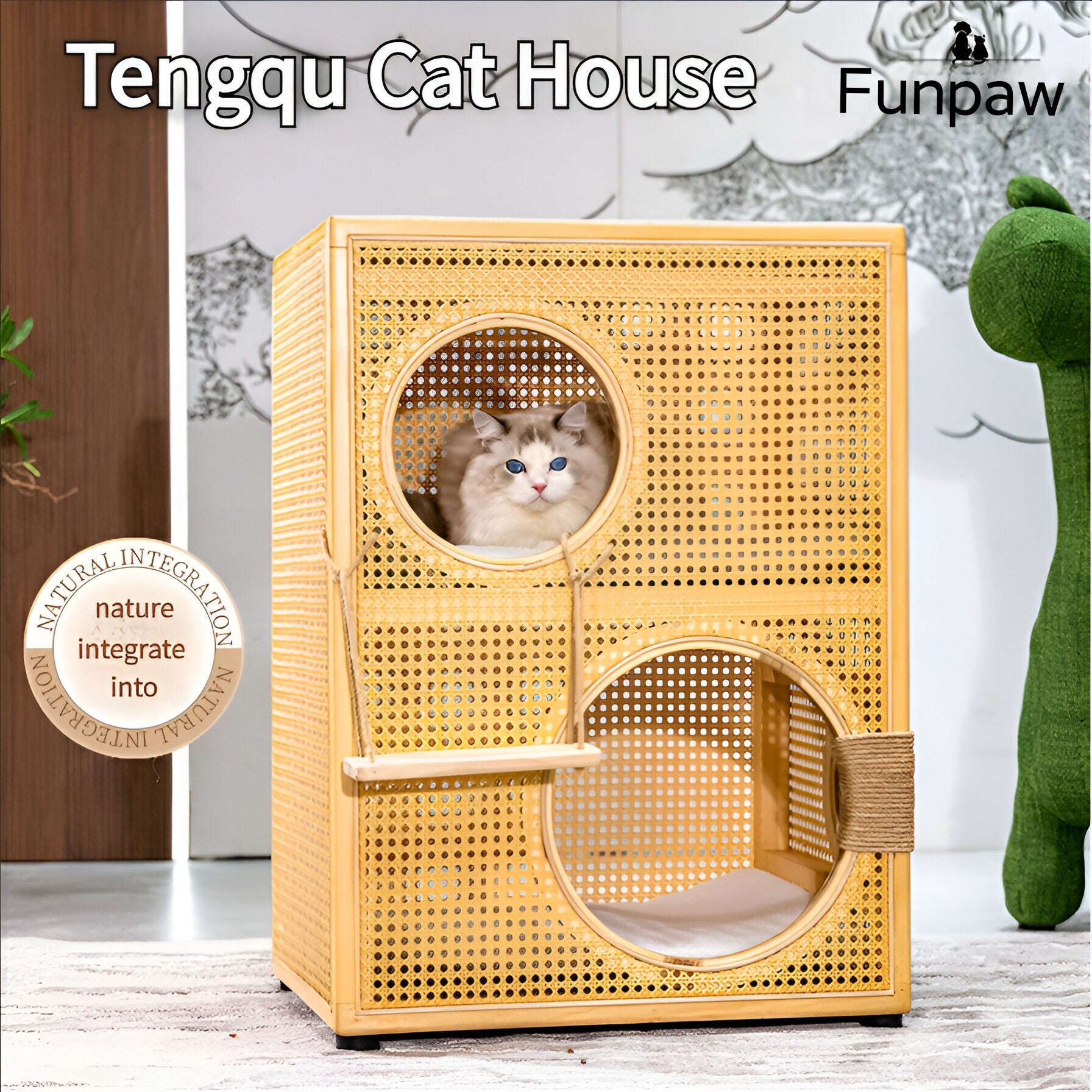 Solid wood double-layer cat bed